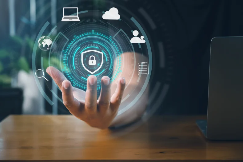 Iconos flotantes representan funciones de un CRM, destacando su tecnología avanzada para gestionar relaciones con clientes.
