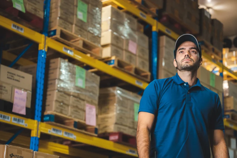 Empleado supervisando el almacén con ayuda de un sistema de gestión de inventarios para mejorar el control de productos.