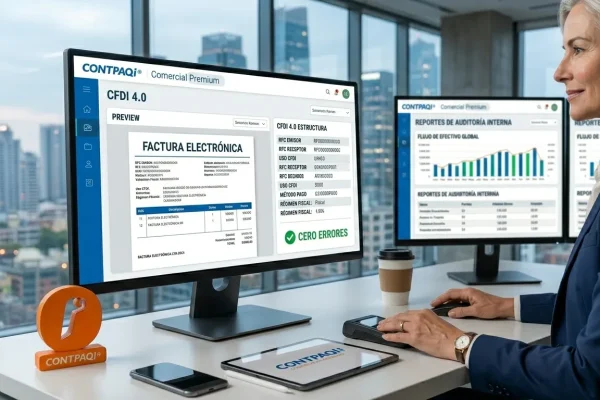 Una toma cercana de manos profesionales firmando digitalmente una estructura de CFDI 4.0 en una pantalla de diseño impecable.