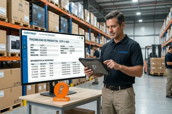 Primer plano, un supervisor senior revisa en una tablet industrial la trazabilidad de un producto (lotes, pedimentos o series).