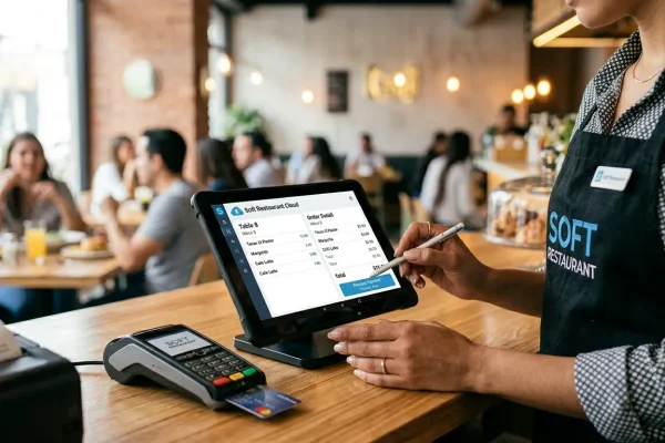 Agiliza la toma de comandas y cobros en tu restaurante Mesero tomando pedido y procesando cobro desde un dispositivo Android con Soft Restaurant