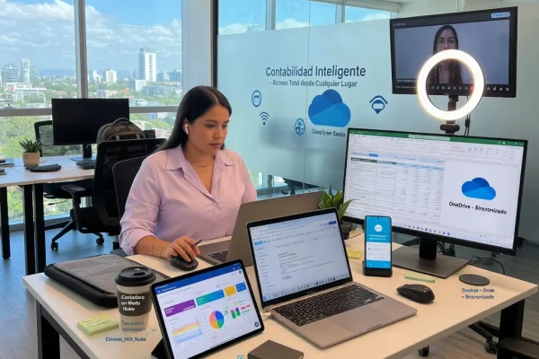Gestión contable remota Una contadora trabajando desde una oficina moderna con múltiples dispositivos, destacando la movilidad y el acceso a la nube.