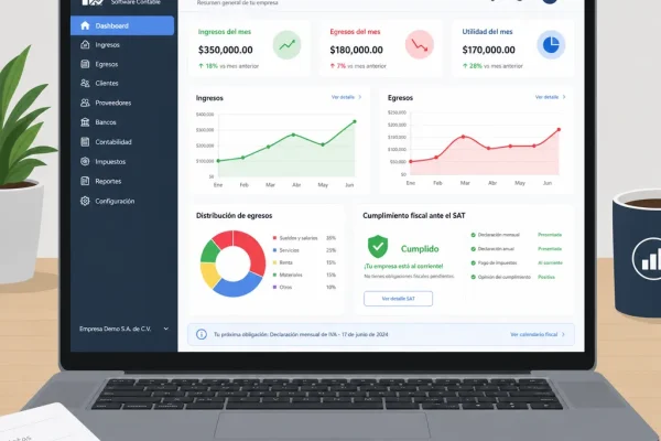 Interfaz de un software contable en una laptop mostrando gráficas de ingresos, egresos y cumplimiento fiscal ante el SAT.