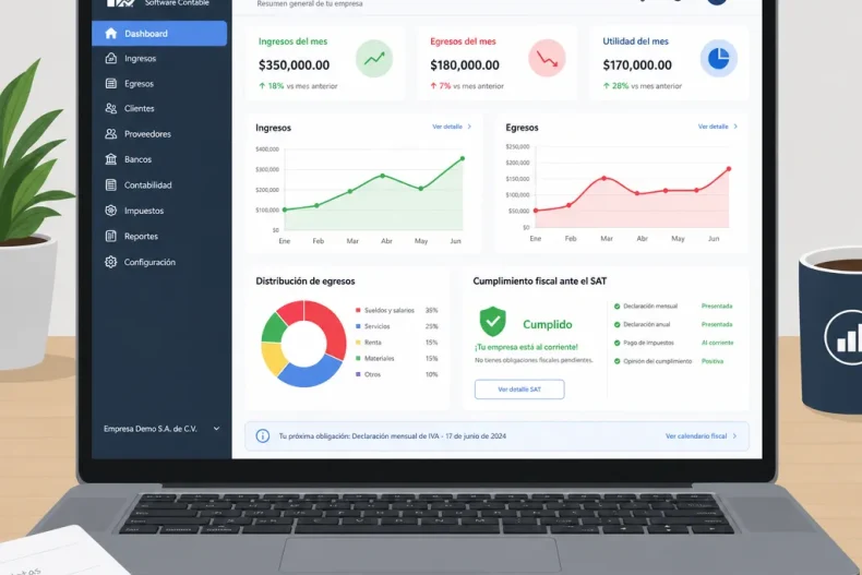 Interfaz de un software contable en una laptop mostrando gráficas de ingresos, egresos y cumplimiento fiscal ante el SAT.