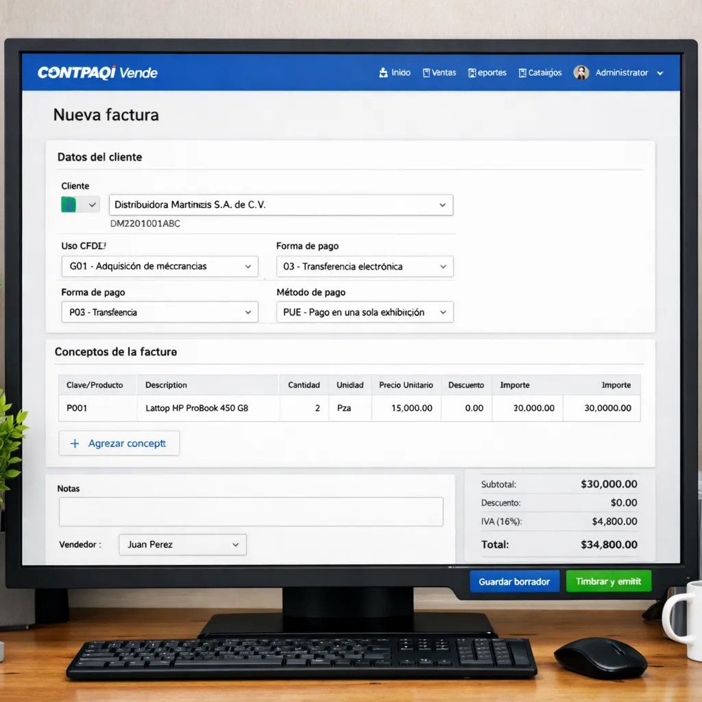 Emisión de factura electrónica CFDI 4.0 Pantalla de computadora mostrando el formulario de creación de factura en CONTPAQi Vende, con campos claros para cliente y conceptos.