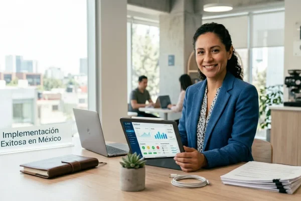 Herramientas de gestión empresarial para la eficiencia operativa. Empresaria trabajando eficientemente en su oficina tras la implementación exitosa de un sistema ERP en México.