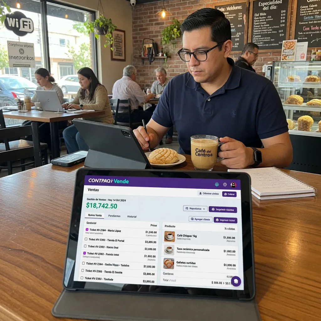 Facturación desde cualquier dispositivo Un emprendedor trabajando desde una tableta en una cafetería, mostrando la plataforma de CONTPAQi Vende abierta para gestionar ventas.