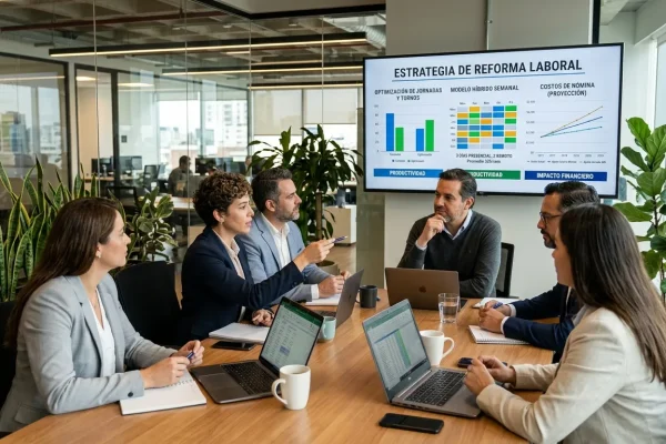 Junta de planeación y optimización de turnos laborales Un equipo de recursos humanos y administradores reunidos frente a una pantalla analizando la redistribución de turnos, horarios híbridos y costos de nómina ante la nueva ley laboral.
