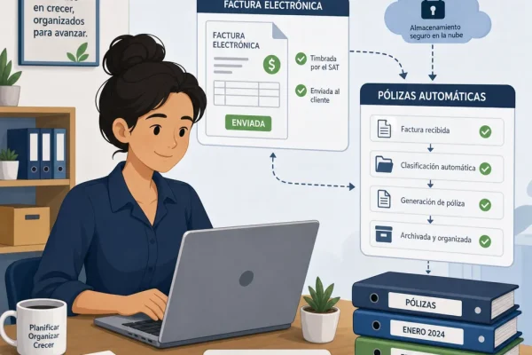 Automatización de facturación electrónica Una pequeña empresa utilizando herramientas digitales para emitir facturas electrónicas y organizar pólizas automáticamente.