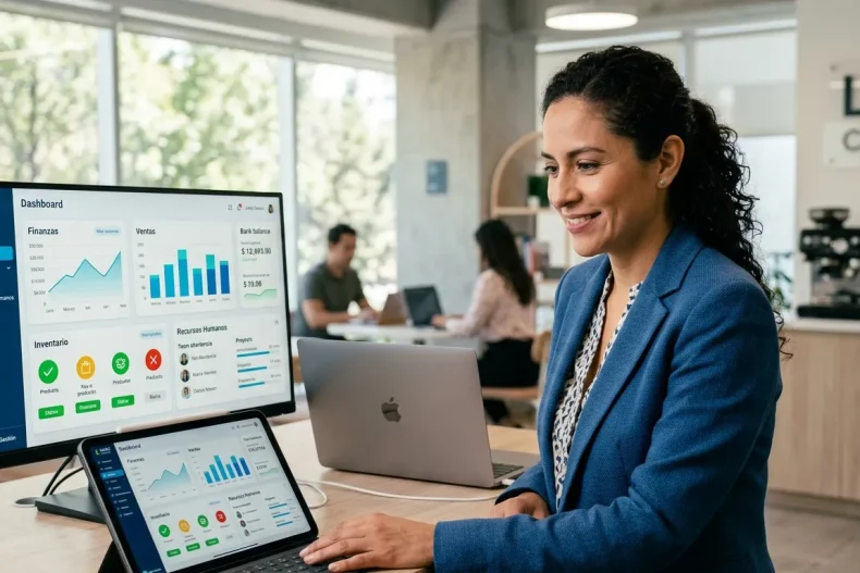 Vista de cerca de una pantalla de laptop que muestra un dashboard interactivo de un sistema de gestión empresarial con gráficos de rendimiento y datos en tiempo real.