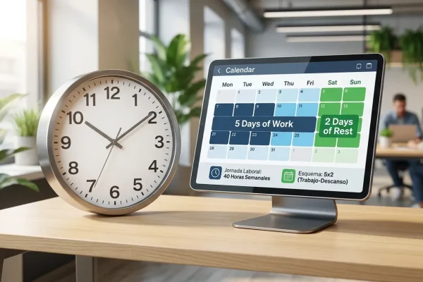 Un reloj de oficina moderno junto a un calendario digital que destaca una semana laboral de 5 días de trabajo y 2 días de descanso, ilustrando la reforma laboral de las 40 horas.