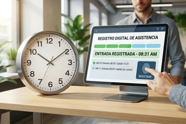 Pantalla de control y registro electrónico de jornada laboral Empleado utilizando una aplicación móvil o tableta para registrar su entrada y salida en la oficina, mostrando el cumplimiento del registro digital obligatorio de asistencia.
