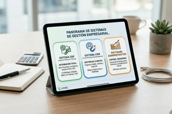 Tipos de software de gestión empresarial para pymes y grandes empresas. Una tablet sobre un escritorio de oficina mostrando la diferencia visual entre módulos de ERP, CRM y software administrativo empresarial.