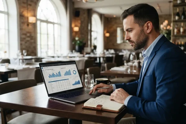 Gerente analizando indicadores financieros del restaurante.