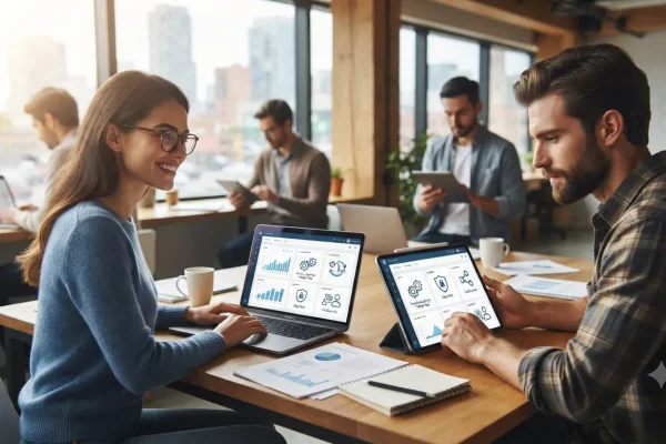 Equipo de trabajo accediendo a un sistema administrativo en la nube desde diferentes dispositivos y ubicaciones.