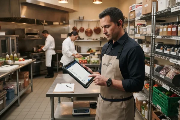 Empleado verificando inventario mediante una tablet.