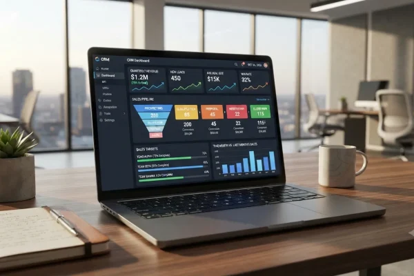 CRM mostrando métricas comerciales en una computadora.
