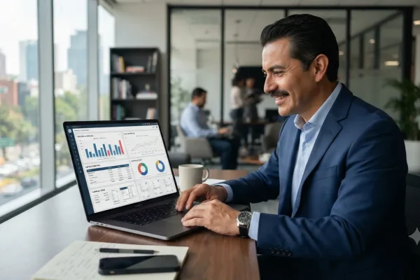 Empresario analizando el costo de CONTPAQi en la nube desde una computadora con información financiera y administrativa.
