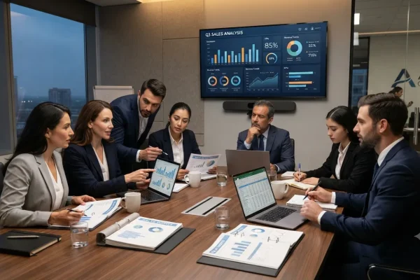 Equipo de ventas revisando reportes comerciales.