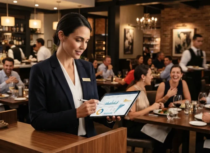 Gerente de restaurante analizando indicadores de ventas y desempeño del negocio.