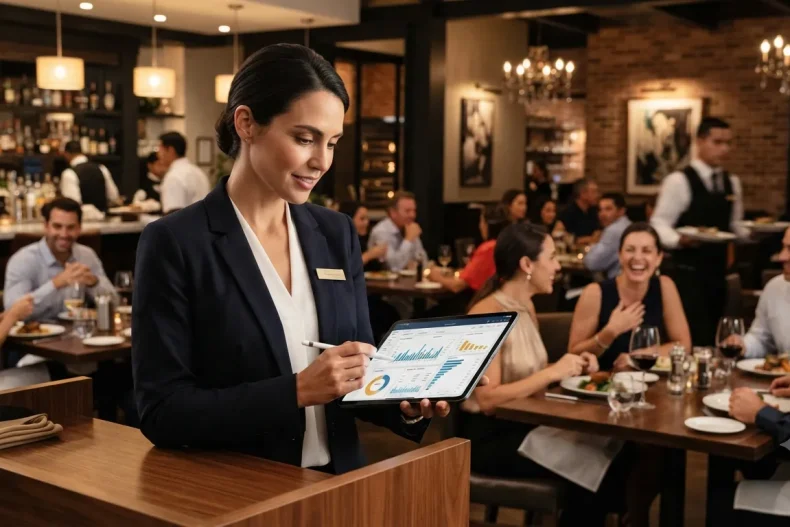 Gerente de restaurante analizando indicadores de ventas y desempeño del negocio.