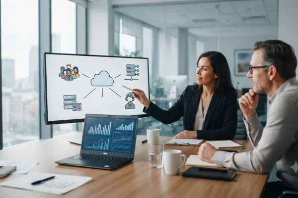 Consultor mostrando los factores que influyen en el costo de una solución CONTPAQi en la nube para empresas.