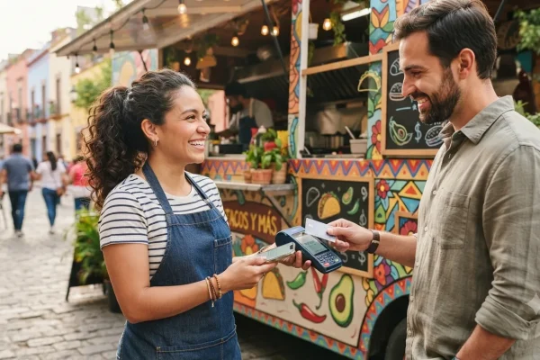 Dueño de food truck cobrando con sistema para restaurantes en la nube desde su celular.