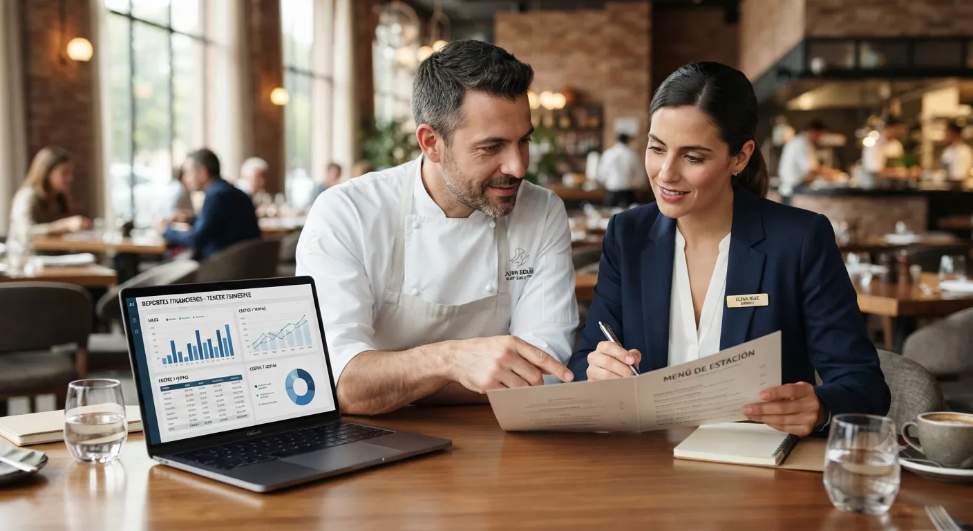 Ingeniería de menú para incrementar la rentabilidad Chef y administrador revisando un menú y reportes de rentabilidad.