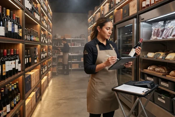 Control de inventario en temporada alta Empleado revisando inventario de bebidas y alimentos.