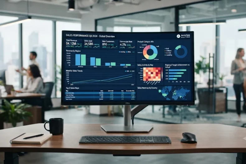 Dashboard con indicadores comerciales y gráficos de ventas.