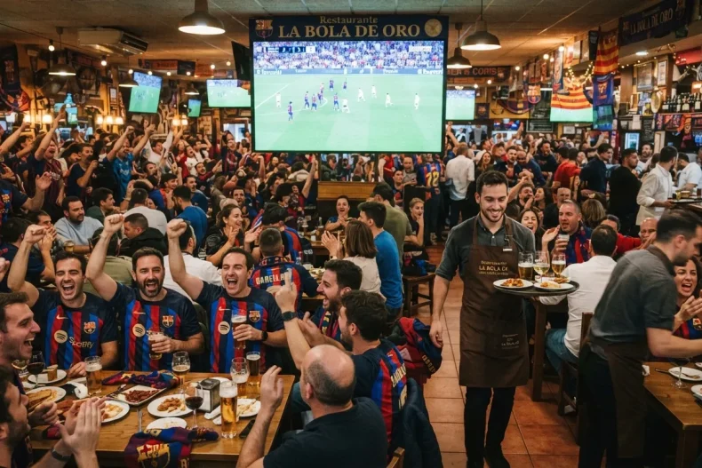 Clientes viendo un partido de fútbol en un restaurante.