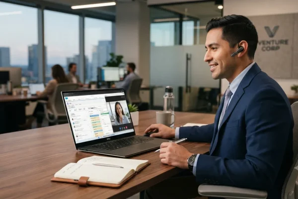 Ejecutivo comercial dando seguimiento a prospectos desde un CRM.